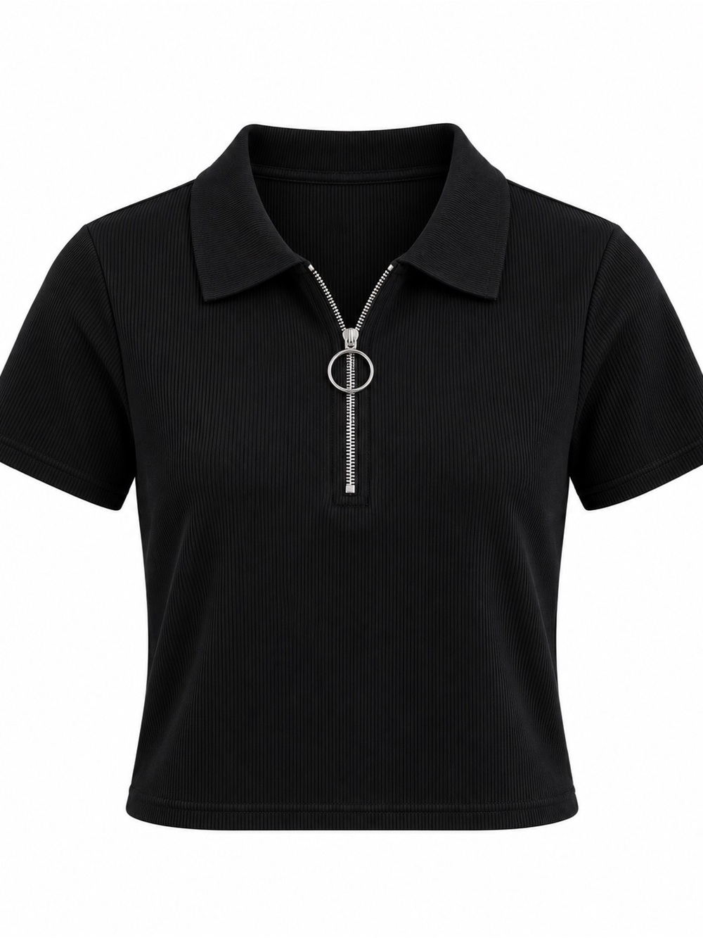 Vintage Y2K Black Ribbed Ring-Zip Polo Crop Top Size M